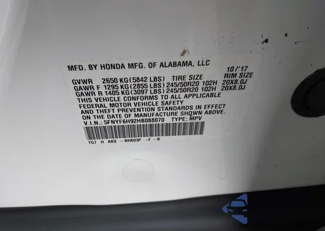 2017 Honda Pilot Touring from USA, damaged, VIN 5FNYF6H92HB088070